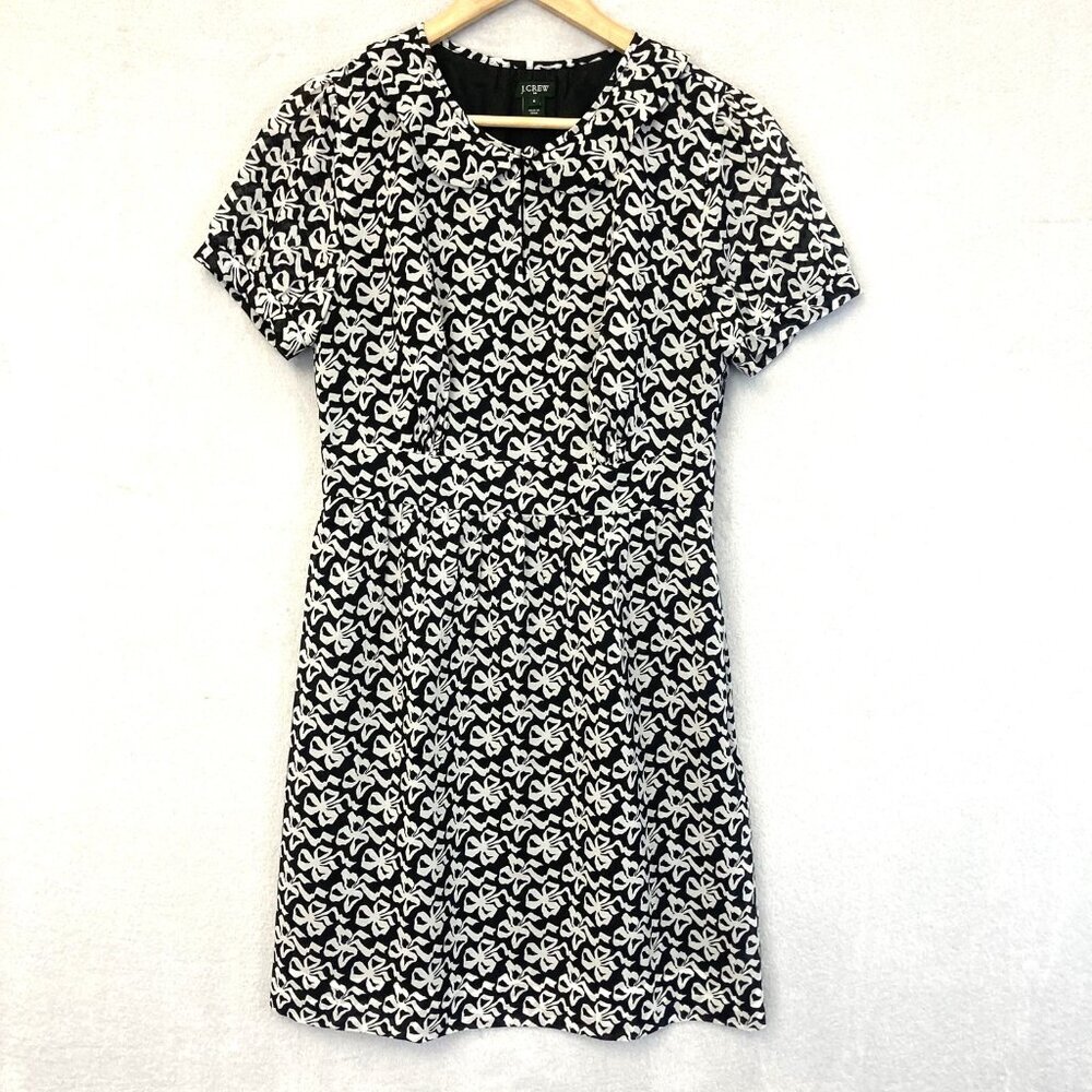 J Crew Collared Chiffon Dress Womens Size 6 Black White‎ Bow Print Short Sleeve